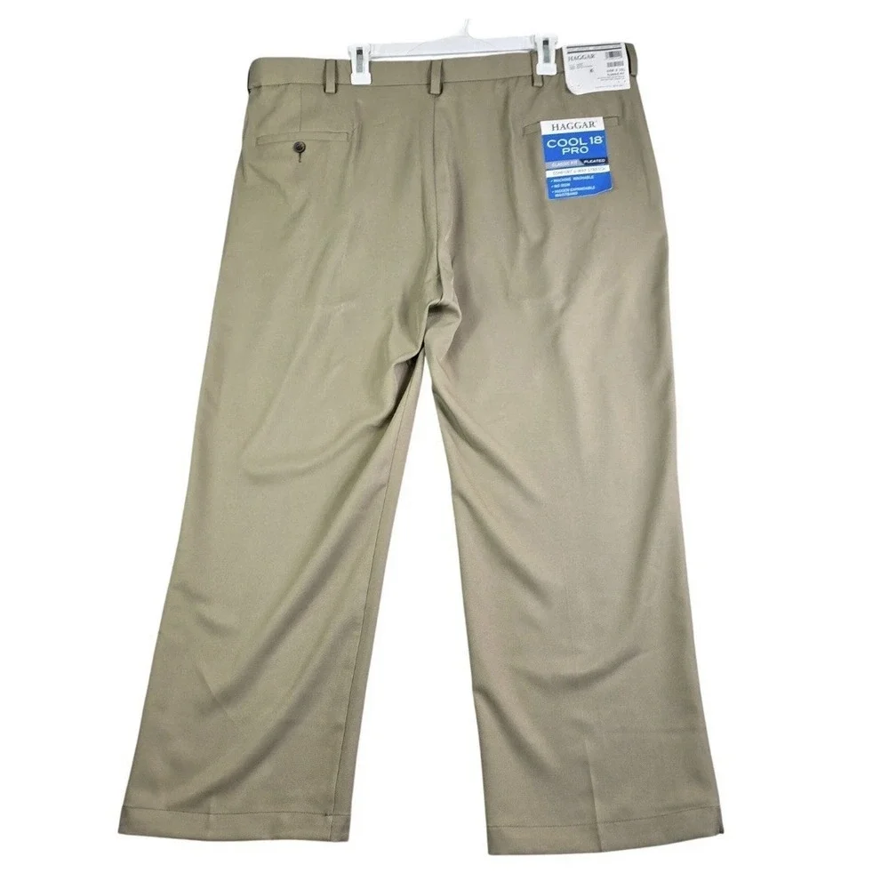 NEW Haggar Cool 18 Pro Dress Golf Pants Mens 44x29 Tan Pleated Classic Fit Work